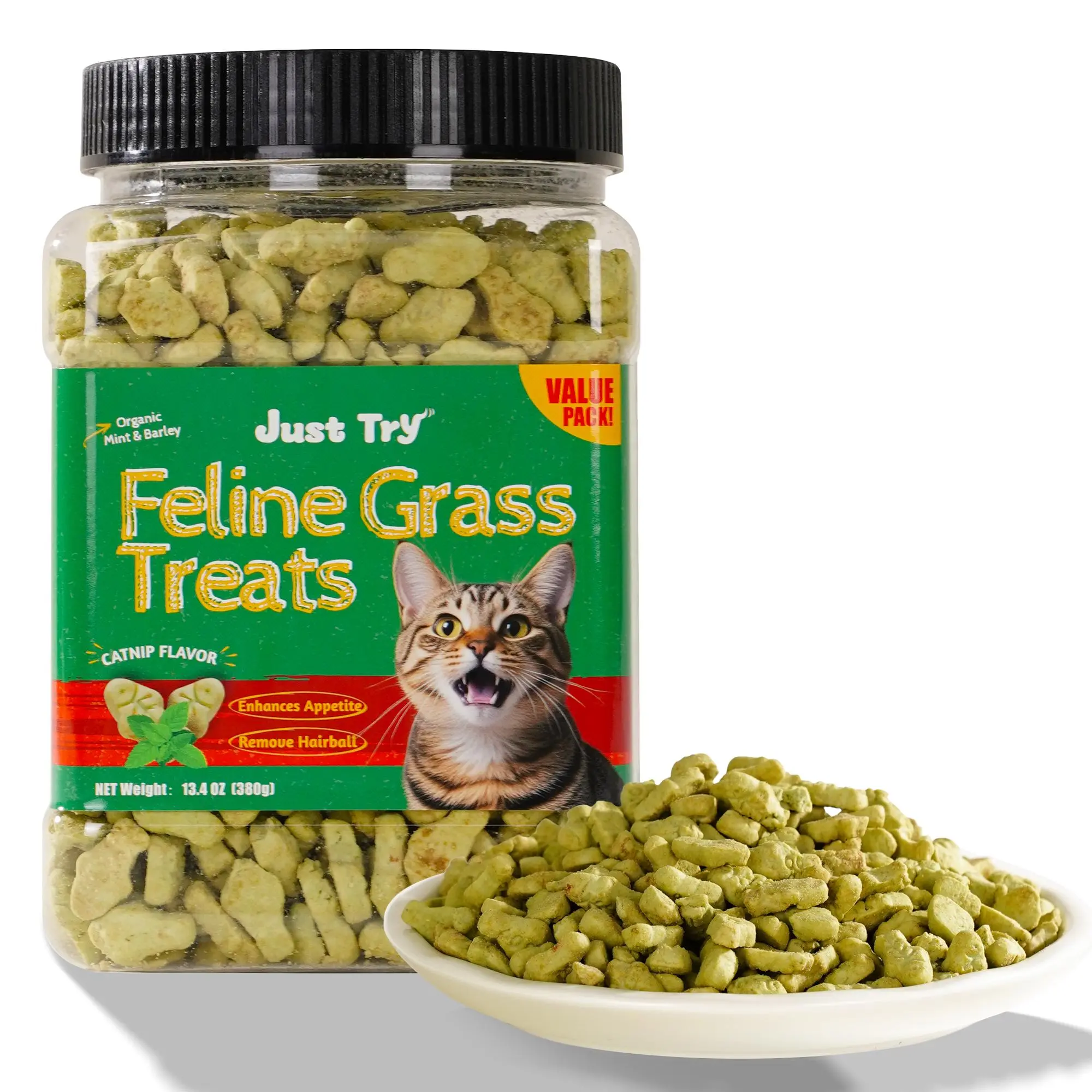 Just Try Cat Treats for Indoor Cats Hairball Control Natural Salmon Healthy Cat Grass Treats Kitten Snacks Training Biscuits Catnip for Cats Dental Care 13.4 OZ