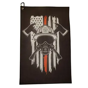 Firefighter Helmet Golf Towel - Thin Red Line Microfiber Print Golf Towel with Bag Clip - 16 x 24 Inches Waffle Style Towel for Golfers