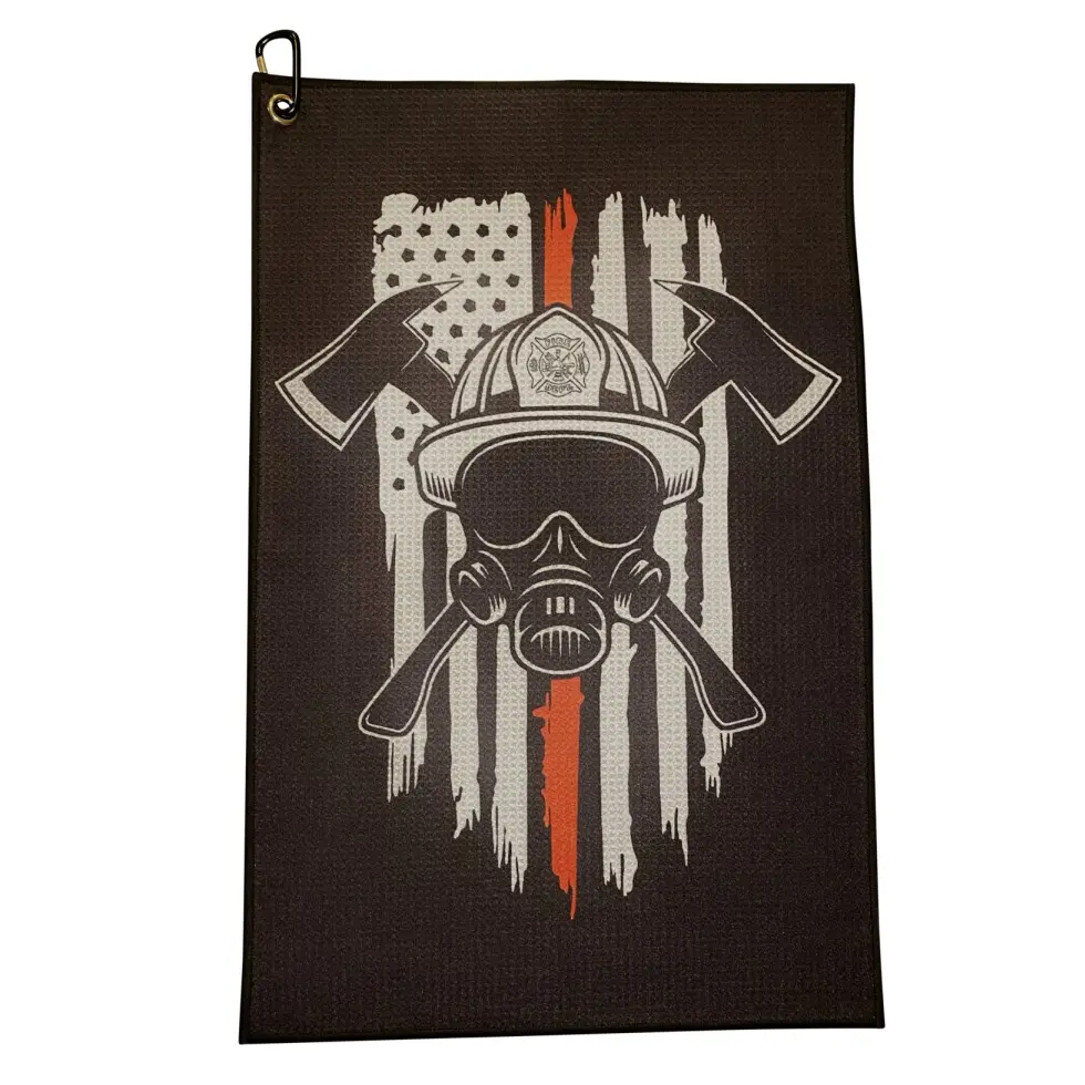 Firefighter Helmet Golf Towel - Thin Red Line Microfiber Print Golf Towel with Bag Clip - 16 x 24 Inches Waffle Style Towel for Golfers