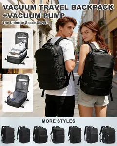Vacuum travel backpack with pump, personal carry-on approved for flight  for women and men, compression work bag for laptop and casual backpack, available in black, green, and gray.