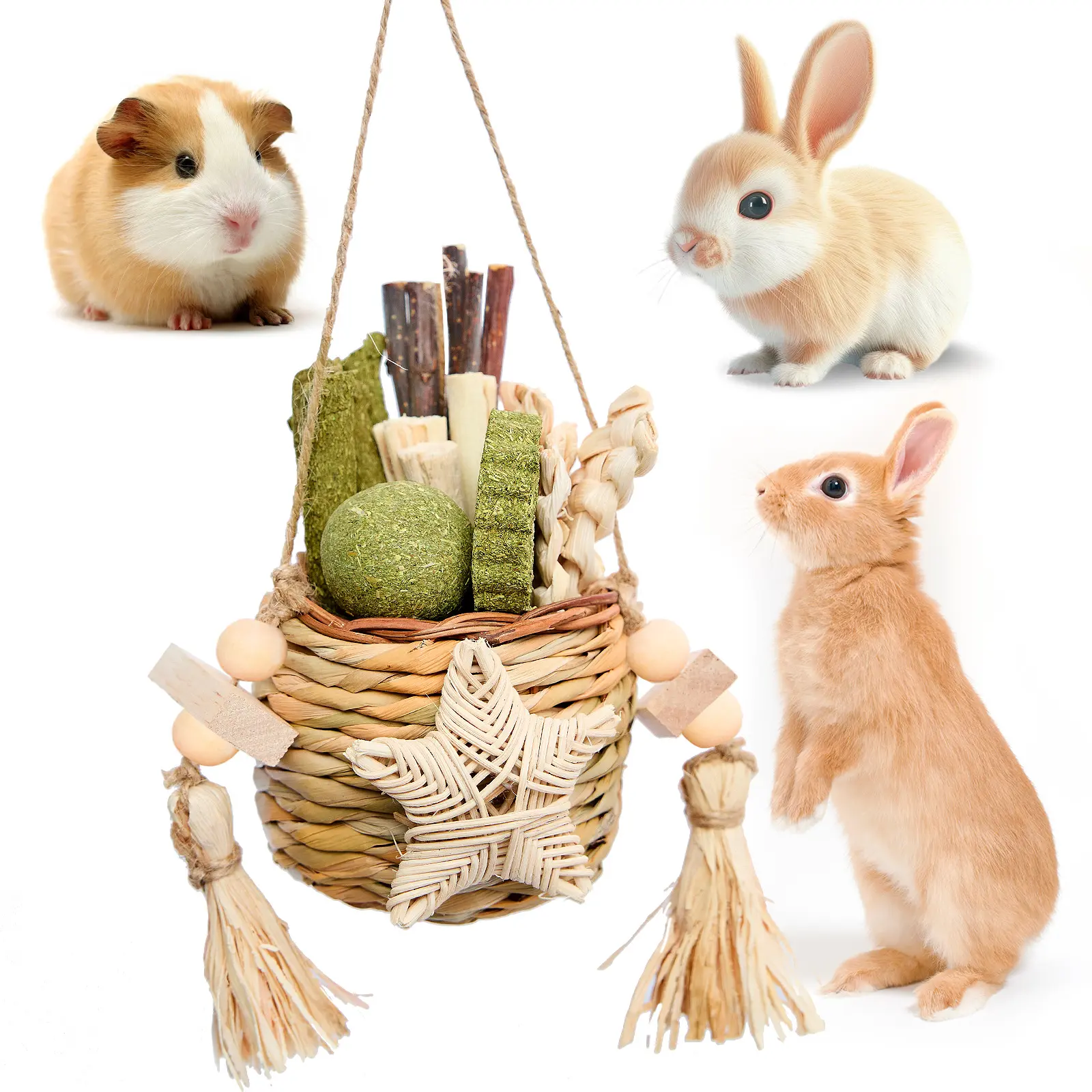 Small Animal Chew Toys - Vine Weave Hanging Baskets, Hay Sticks, Sweet Bamboo for Rodents' Teeth Grinding, Foraging Fun, Encourage Health, Entertainment, Daily Needs, Digestion Aid (Suitable for Chinchillas, Guinea Pigs), Gerbils, Good Decor For Cage