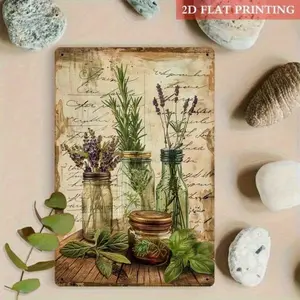 Vintage Aluminum Farmhouse Kitchen Wall Decor Set with Aged Parchment Herb Jar Signs Rustic Botanical Art 12x8 Inches