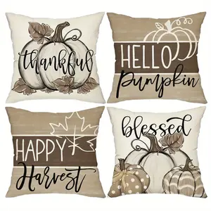 4pcs, Beige and Brown Autumn Pumpkin Pillow Covers, Harvest Pattern Cozy Home Decor Pillow Covers, Farmhouse Thanksgiving Pillows for Living Room Sofa Outdoor, Single-sided Printing Without Pillow Core