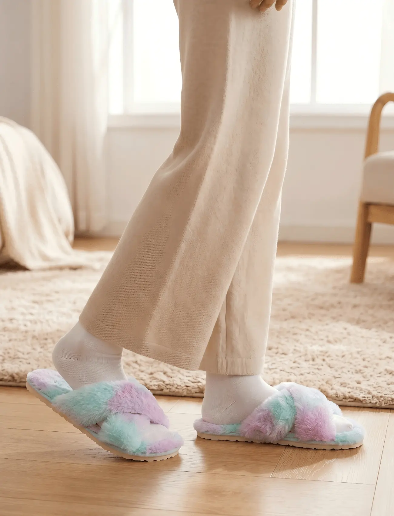 Women's Fuzzy Cross Band Slippers, Open Toe Plush Furry Slide Sandals, Soft Indoor House Slippers for Bedroom, Living Room