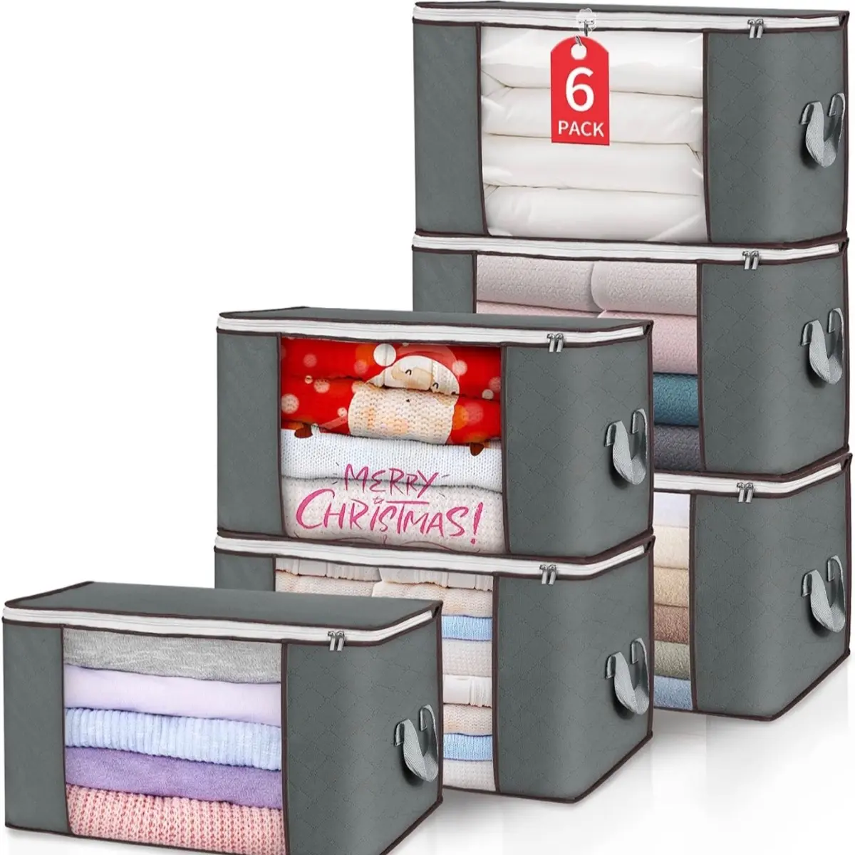 90L Large Storage Bags, 6 Pack Clothes Storage Bins Foldable Closet Organizers Storage Containers with Durable Handle Window