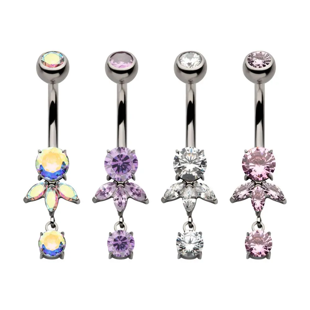 Dainty Titanium Belly Button Piercing Jewelry with Triple Marquise Gem Fan and Floating Dangle, 14g Internally Threaded for Women, Female, Dainty Body Jewelry, Daily, Gem Pattern, Everyday Wear, Titanium Metal, Cubic Zirconia, Cute Look, Floating Dangle A