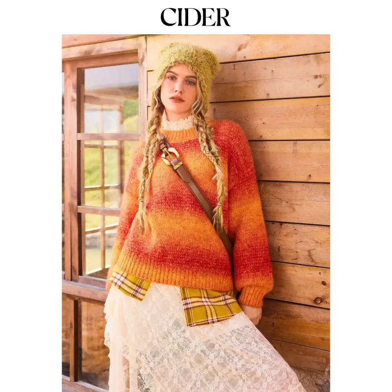 Cider Women's Casual Stripe Ombre Sweater, Long Sleeve Crew Neck Wool-blend Pullover Top for Everyday Wear