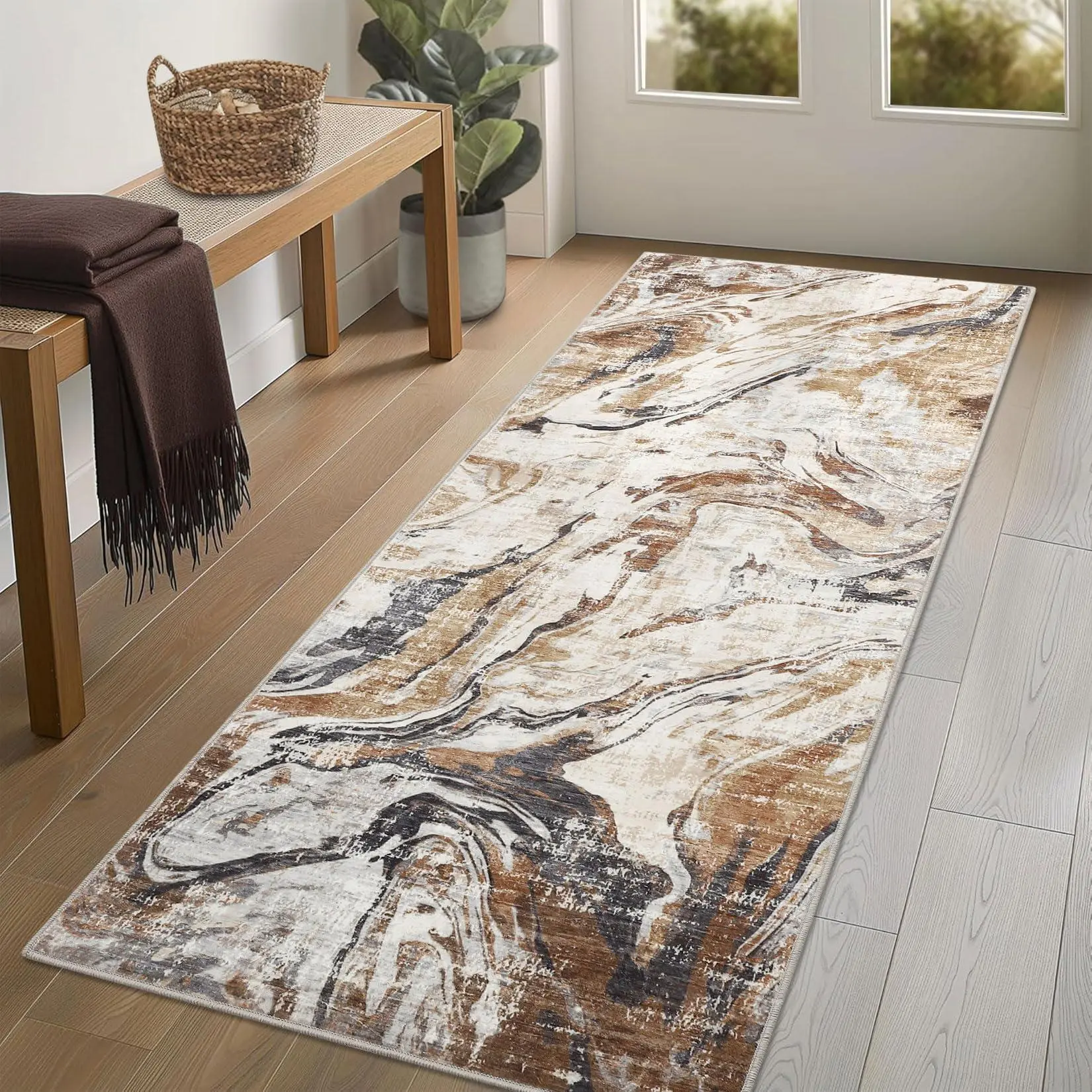 2x6 Machine Washable Runner Rug, Non-Slip Floor Carpet, Modern Abstract Bedside Rug, Low Pile Foldable Area Rug, Soft Rug for Entryway, Bathroom, Laundry Room, Brown