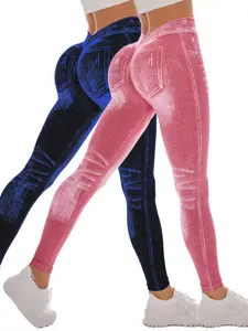 Women's Seamless Denim Yoga Pants, High Waist Stretchy Workout Leggings, Outdoor Fitness & Gym Wear, Casual Daily Use, Bottom