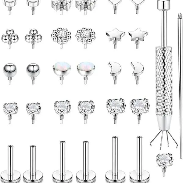 16G Flat Back Stud Earrings for Women - Hypoallergenic Surgical Steel Internal Thread Stud Piercing Jewelry for Tragus Helix Cartilage Conch Nose 6MM 8MM 10MM Lip Labret Medusa Piercing