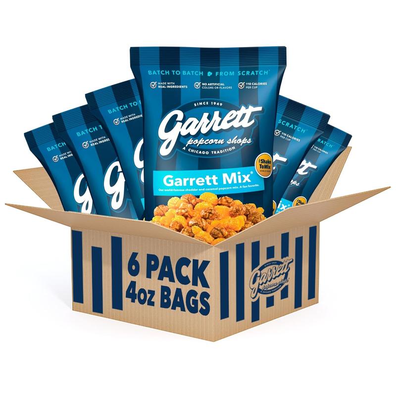Garrett Popcorn Garrett Mix, 4 Ounce Bags (Pack of 6) - Classic Chicago Style Cheese and Caramel Gourmet Popcorn - Gluten Free, Sweet and Salty Snack, Popped Party Mix