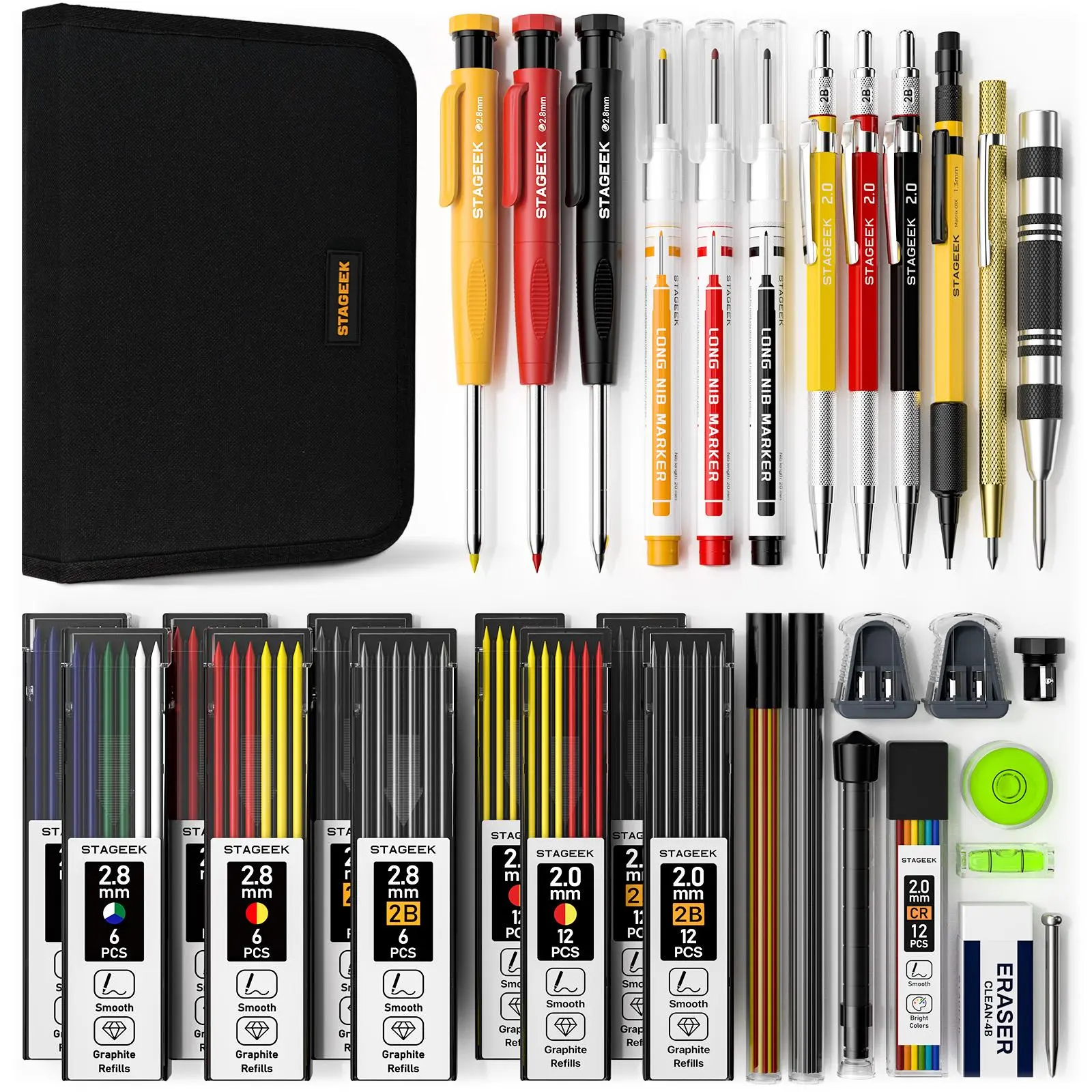 STAGEEK 34 Pack Carpenter Pencil Set with Sharpener, Mechanical Carpenter Pencils with Deep Hole Long-Nib Marker Pens, Automatic Center Punch,Carbide Scribe Tool & Construction Pencils for Architect Woodworking with Case(Red, Black, Yellow, Blue)