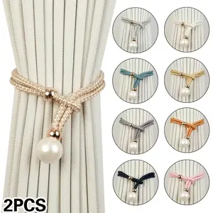 2 Piece Pearl Curtain Tiebacks, Decorative Fixed Clips, Rope Style Curtains, No Drilling Required, Adjustable and Stretchable Design, Interior Decoration Accessories, Window Decorations Supplies