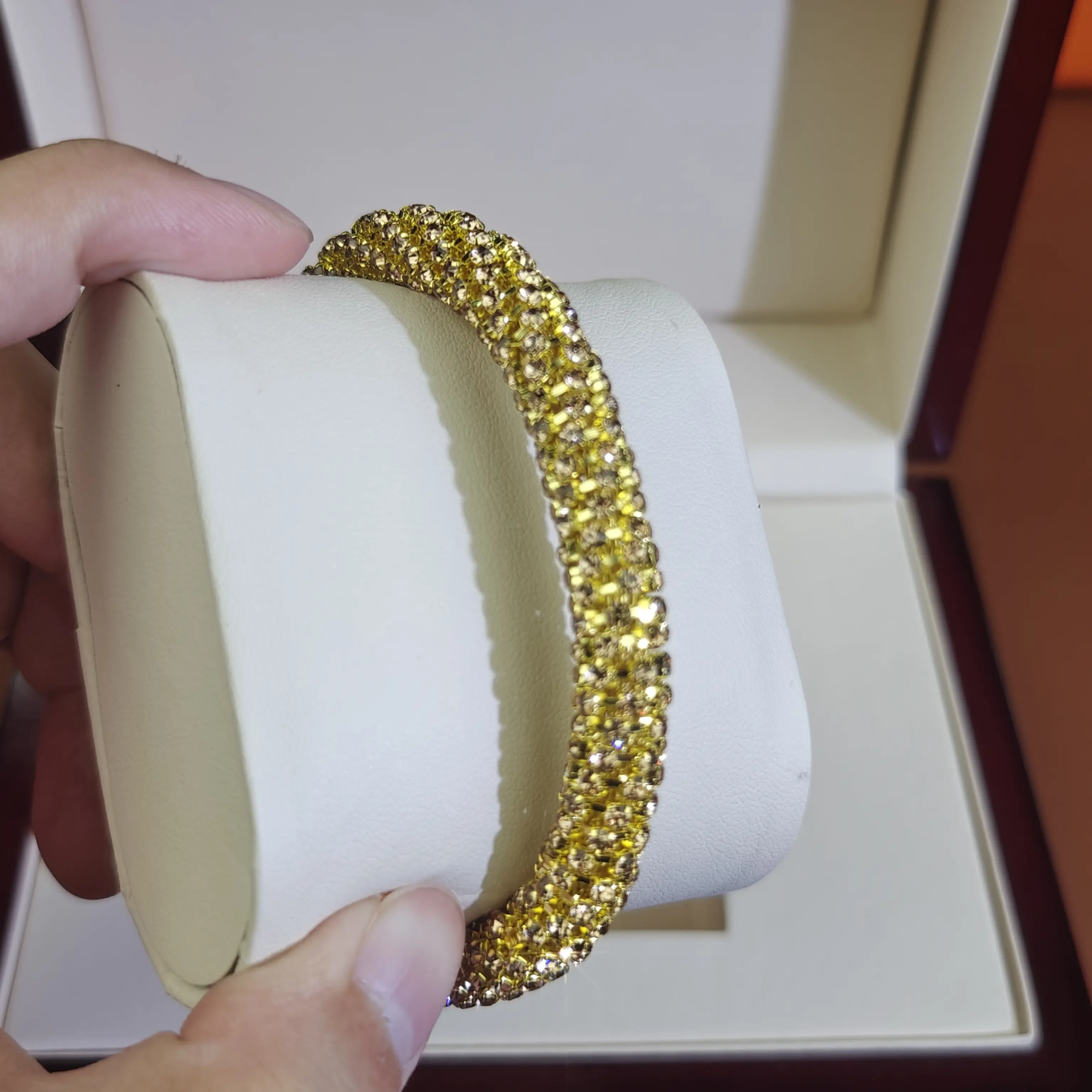 Handcrafted Multi-Row Golden Crystal Bangle Bracelet