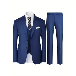 Men's Solid Color Two-Button Business Suit Three-Piece Set, Suit Jacket + Vest + Pants(Sheets)