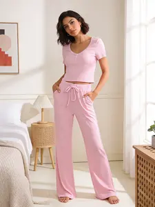 2pcs Ribbed Knit Pajama Set - Soft Minimalist Short-Sleeve Pjs (V-Neck with Henley Buttons + Drawstring Waist + Side Pockets) - Cozy Adult Loungewear/Sleepwear for Lazy Weekends, Self-Care Nights & Gift Giving