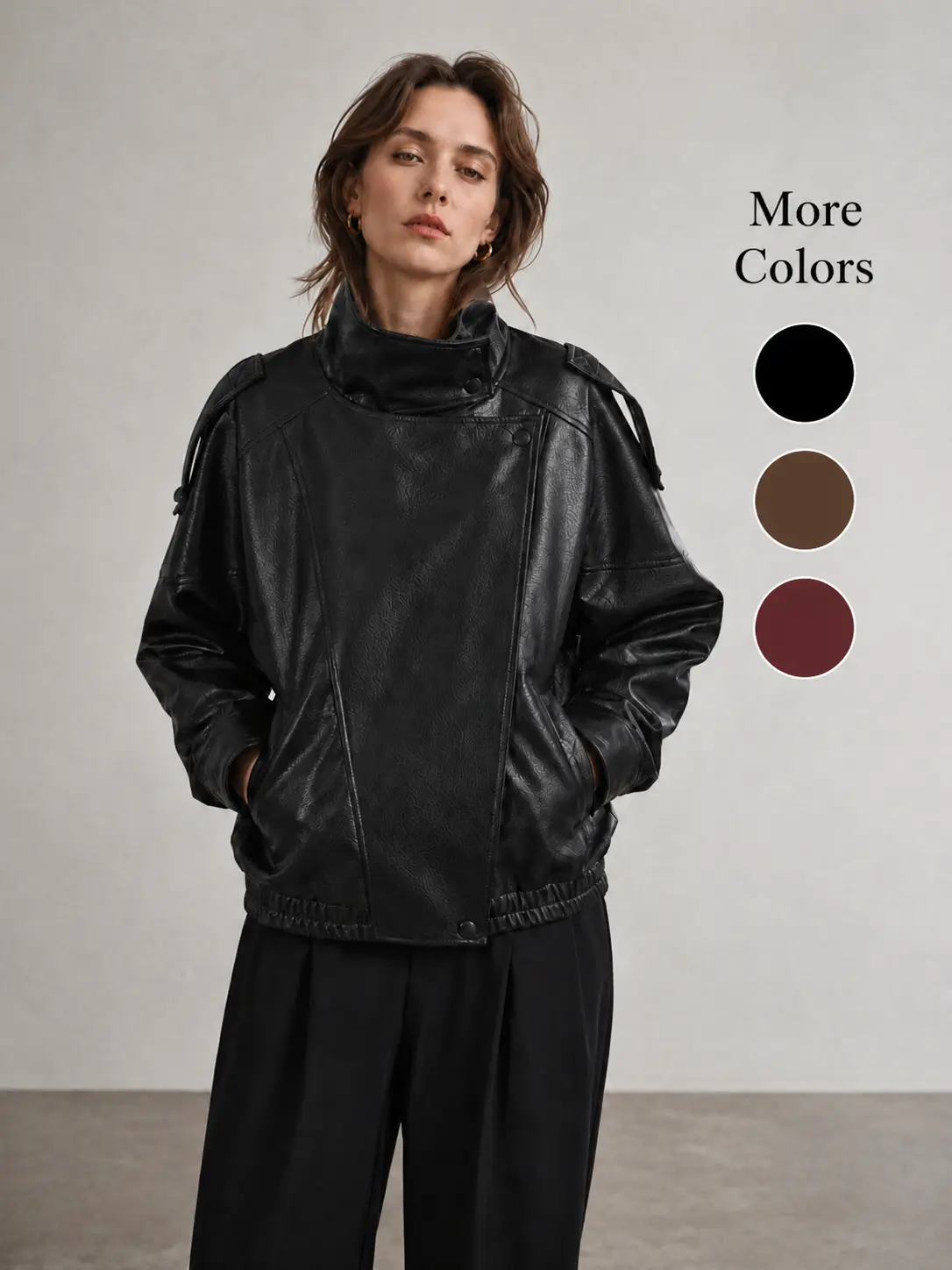 Women Stand Collar Asymmetric Zip Faux Leather Biker Jacket Oversized Vintage Motorcycle Street Outerwear