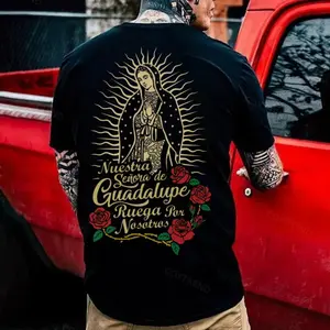 Aesthetic Religious Graphic Tee - Lady of Guadalupe Inspired T-Shirt - Men's Oversized Cotton Top with Roses - Trendy Mexican Culture Fashion Shirt