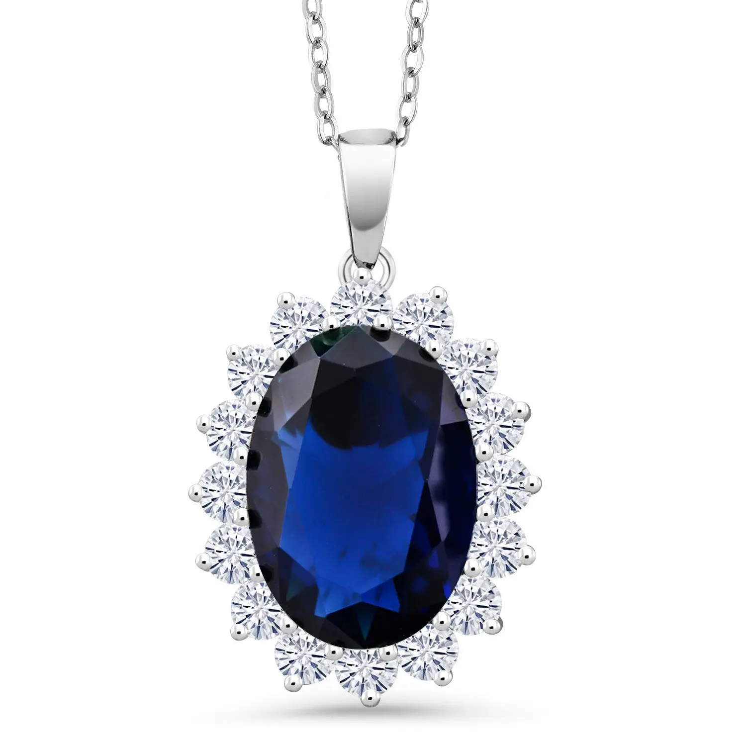 Oval Blue Simulated Sapphire Pendant Necklace For Women