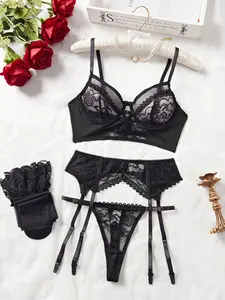 Women's Sexy Lace Lingerie Set, Solid Color Bra & Thong & Garter Belt & Stockings Set, Women's Lingerie & Underwear for All Seasons