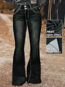 Women's Denim Print Flare Pants, Fashionable Long Jeans for Women, Casual Fitted High Waist Wide Leg Trousers, Stylish Ladies' Clothing, Bottom