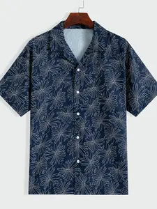 Men's popular minimalist chrysanthemum pattern, irregular flower shirt, Hawaiian style, Casual Party Shirt, versatile classic comfortable casual short sleeved top printed blue shirt