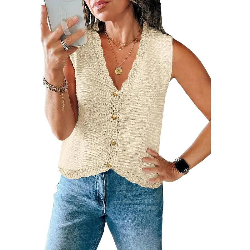Saodimallsu Women's V-Neck Sleeveless Sweater Vest - Medium Length, Poly-Cotton Knit, Cropped Button-Down, Casual Loose, Machine Wash, Chic Minimalism, Spring Summer Going Out Tops (Valentine's Day Collection)