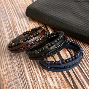 Men's 3-Pack Multi-Layer Leather Bracelets, Tiger Eye Beads, Classic Wrap Design, 21cm Length, Brown/Black/Blue Fashion Accessory for Gifting (Also Suitable as Anklets), Bracelet