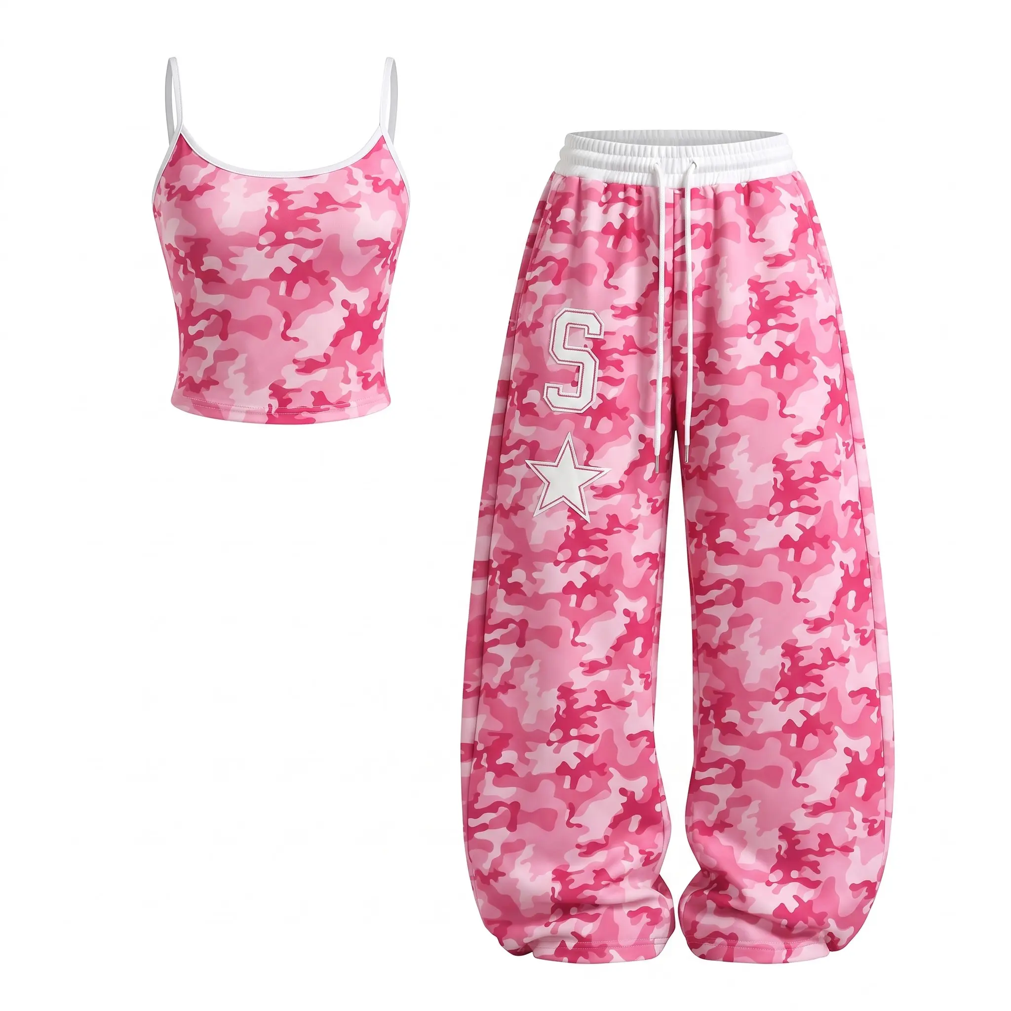 Y2K Pink Camouflage Matching Lounge Set Varsity Star Graphic Cami Crop Top Sweatpants