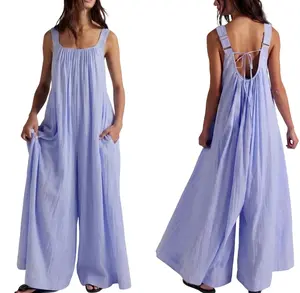 Chicovar Women's Loose Wide Leg Jumpsuit, Sleeveless Backless Romper with Pockets, Adjustable Straps, Back Tie, Loose Fit, Casual Vacation Music Festivals Boho Travel Outfit