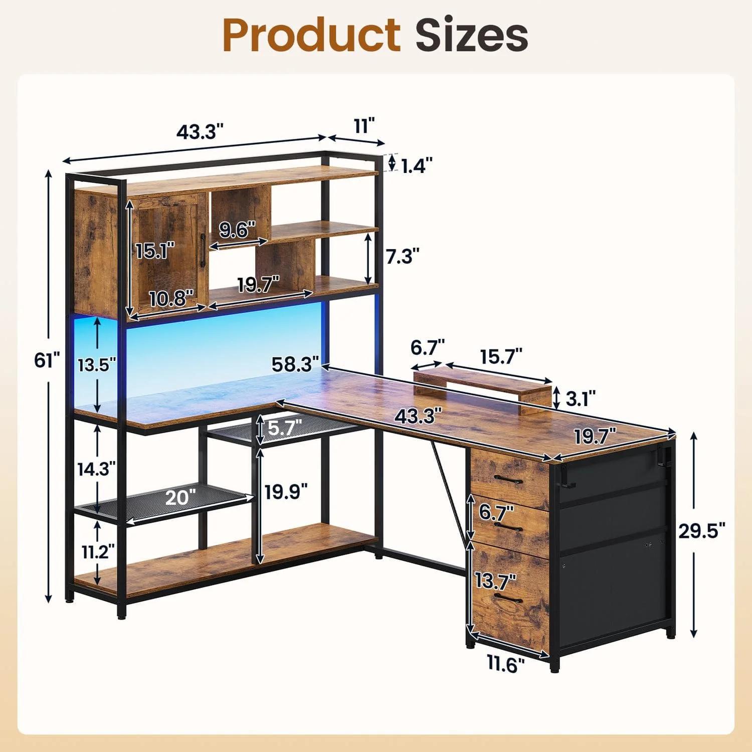 Sikaic 58 Inches L Shaped LED Gaming Desk Brown with 7 Tier Shelves, 1 Glass Cabinet & 3 Drawers, Reversible Design, RGB LED Light Strips, Modern Engineered Wood
