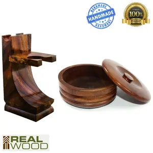 Wooden Shaving Stand For Safety Razor Straight Razor Double Edge Razor & Wood Cup Mug Bowl with Lid Shaving Soap Bowl for Men Barber Easy to Lather Fits All Shave Soap & Shaving Brush Wet Shaving By Krisp Beauty