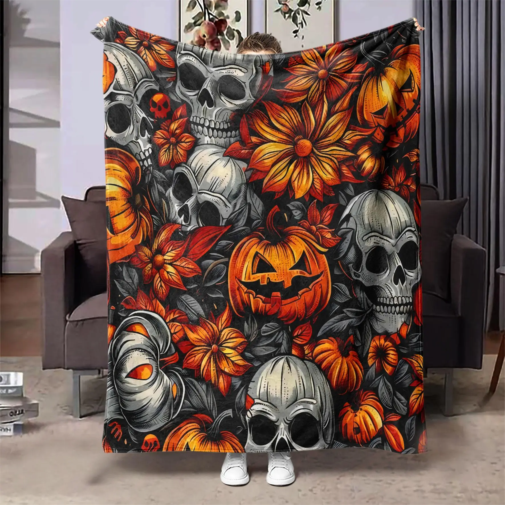 Skull & Pumpkin Pattern Blanket, 1 Count Soft Warm Nap Throw Blanket, Air-conditioned Room Blanket for Home Office Travel Camping Dormitory, Christmas