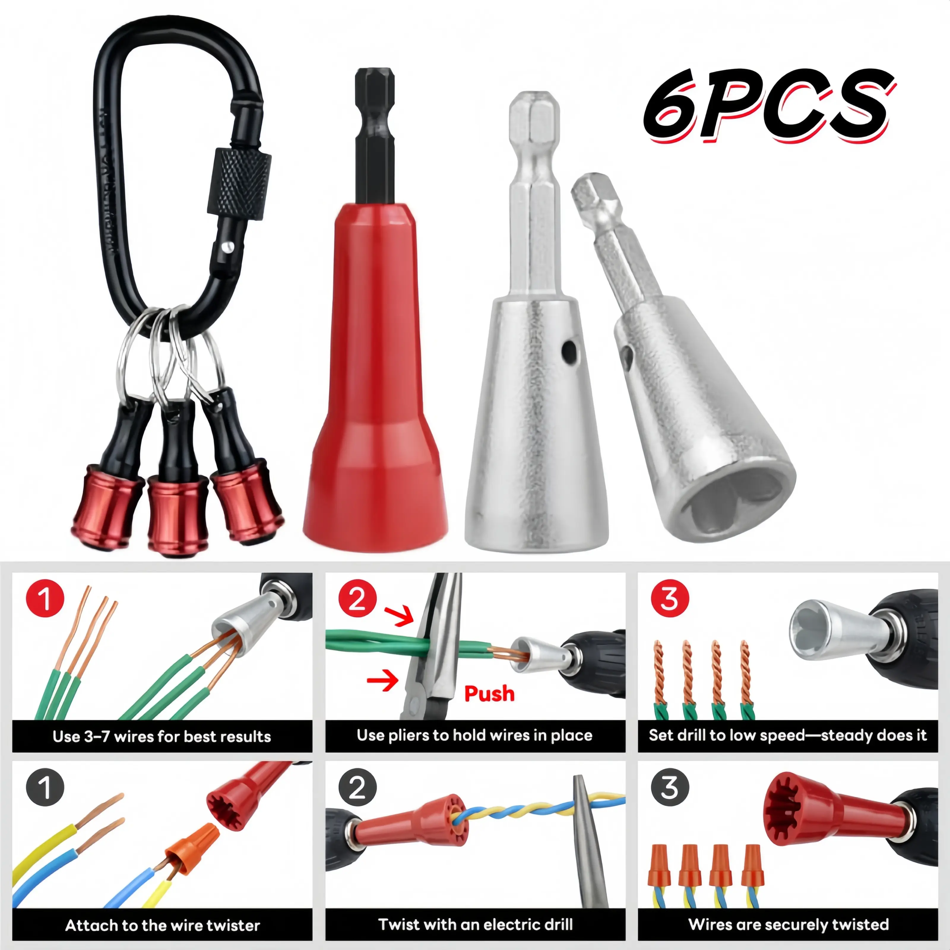 6PCS Wire Twister Tool for Drill with Bit Holder Keychain, Wire Nut Twister for Drill with 1/4" Hex Shank – Professional Electrician Tools for 9–22 AWG Wire Connector Twisting