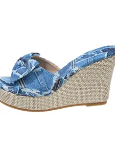 Vintage Denim Bow Wedge Sandals, Versatile One-Piece Strap, Beach Outdoor Party Elegant Design, Women's Summer Footwear