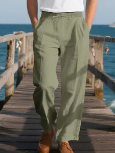 Men's American Style Spring Autumn Loose Fit Plain Linen Hip Hop Beach Sports Wide Leg Casual Pants, Comfortable and Stylish Long Trousers