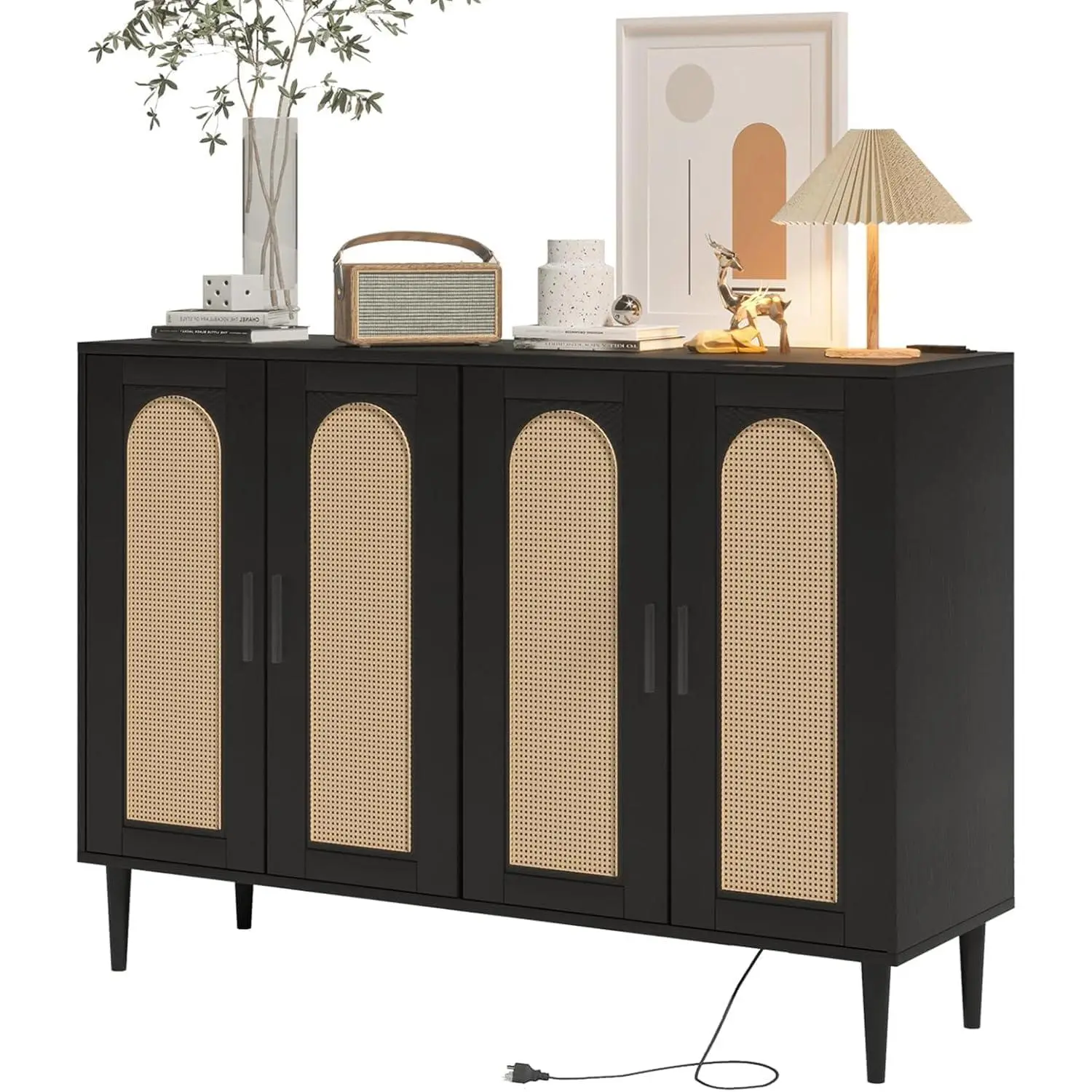 Garvee Rattan Sideboard With Power Outlet, Wooden Side board Accent Buffet, Wood Sideboard Cabinet Buffet With 4 Doors, BOHO Cabinet For Entryway, Hallway, Dining Room, Living Room, Coffee Bar (Black)