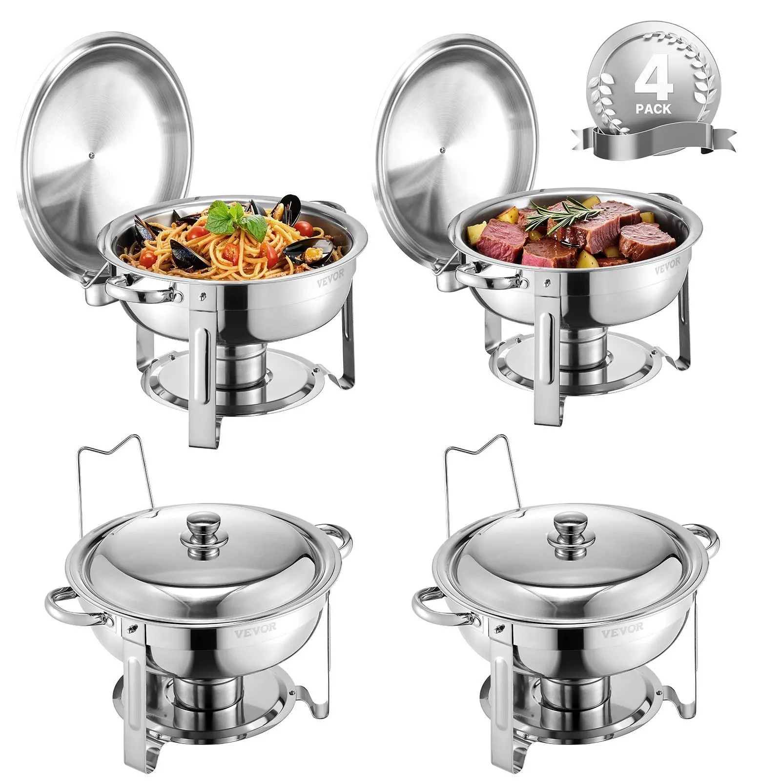 【Summerfinds】VEVOR Sturdy Round Shape 5 Qt Full Pans Chafing Dish Buffet Set, 4-Pack Stainless Steel Chafer with Water Pan, Folding Stand, Clip & Temperature Control Lid, for Weddings Parties Banquets, Silver, Party
