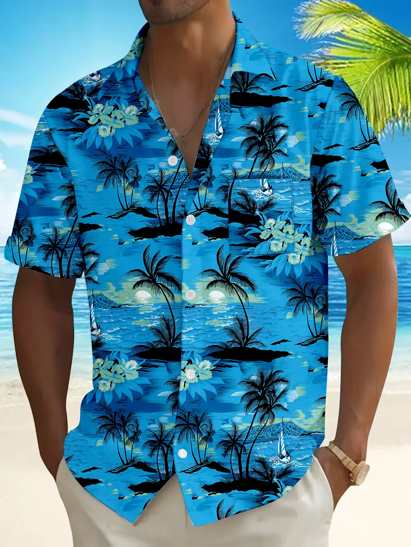 Men's Hawaiian Shirts, Summer Beach Casual Short-sleeved Button-down Shirts.