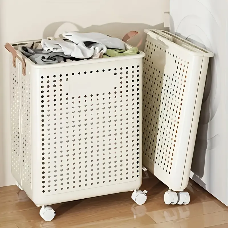 Faux Leather Foldable Laundry Hamper with Rolling Wheels - High-Capacity Space-Saving Storage for Clothes, Ironing - Versatile Home Organizer for Dorms, Bathrooms - Practical Decorative Gift for Any Occasion, Laundry Storage