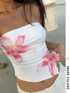 Women's Floral Print Strapless Sleeveless Backless Shoulder Cut Out Slim Fit Crop Top, Sexy Summer Casual Wear, Comfortable & Stylish Design, Sleeveless Crop Tops