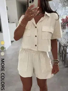 2 Spring Summer Linen 2 Piece Set Women Lady Clothes | Collared Crop Top + High Waist Shorts | Old Money Quiet Luxury Casual Style for Daily Vacation Travel Wear Womenswear