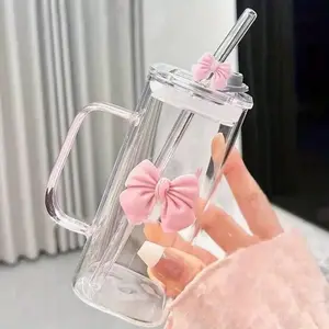 400ML/14oz Glass Water Cup with Straw & Handle, Clear Glass Cup with Bow Design, Reusable Water Cup for Home, Office, Travel, Drinkware, Glass Drinking Cup
