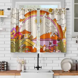 Cartoon Field Floral Kitchen Curtains - Flowers Mushroom Mountain Rainbows Pigeon White Clouds Decor Short Curtains for Dining Room Rod Pocket Window Drapes 2 Panels Set, 28"x36"