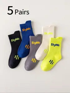 5 Pairs Kids Socks Set, Unisex Alphabet Colorblock Crew Socks, Spring Fall Basketball Sports Casual Mid-Calf Socks for Children