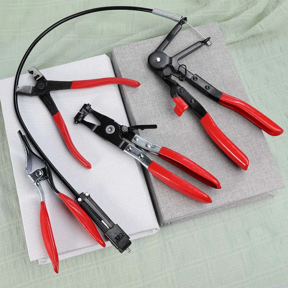 4 pcs Hose Clamp Pliers Set Self-Tightening Hose Clamps Remover Tool Long Reach Wire Spring Hose Clamp Pliers for Automotive Fuel, Oil, Coolant, Radiator Hoses