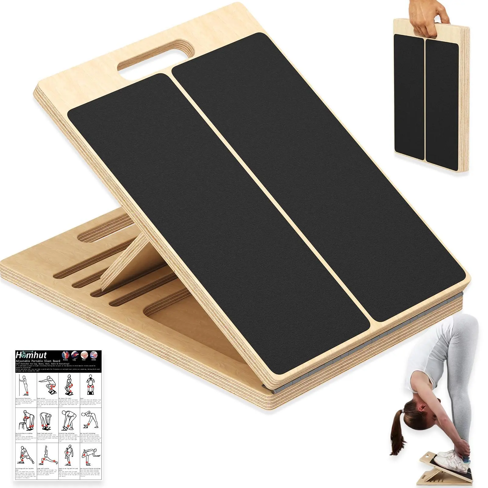 Homhut Adjustable Slant Board, Portable Wooden Incline Board for Calf Ankle Feet Leg Stretch Physical Therapy Equipment