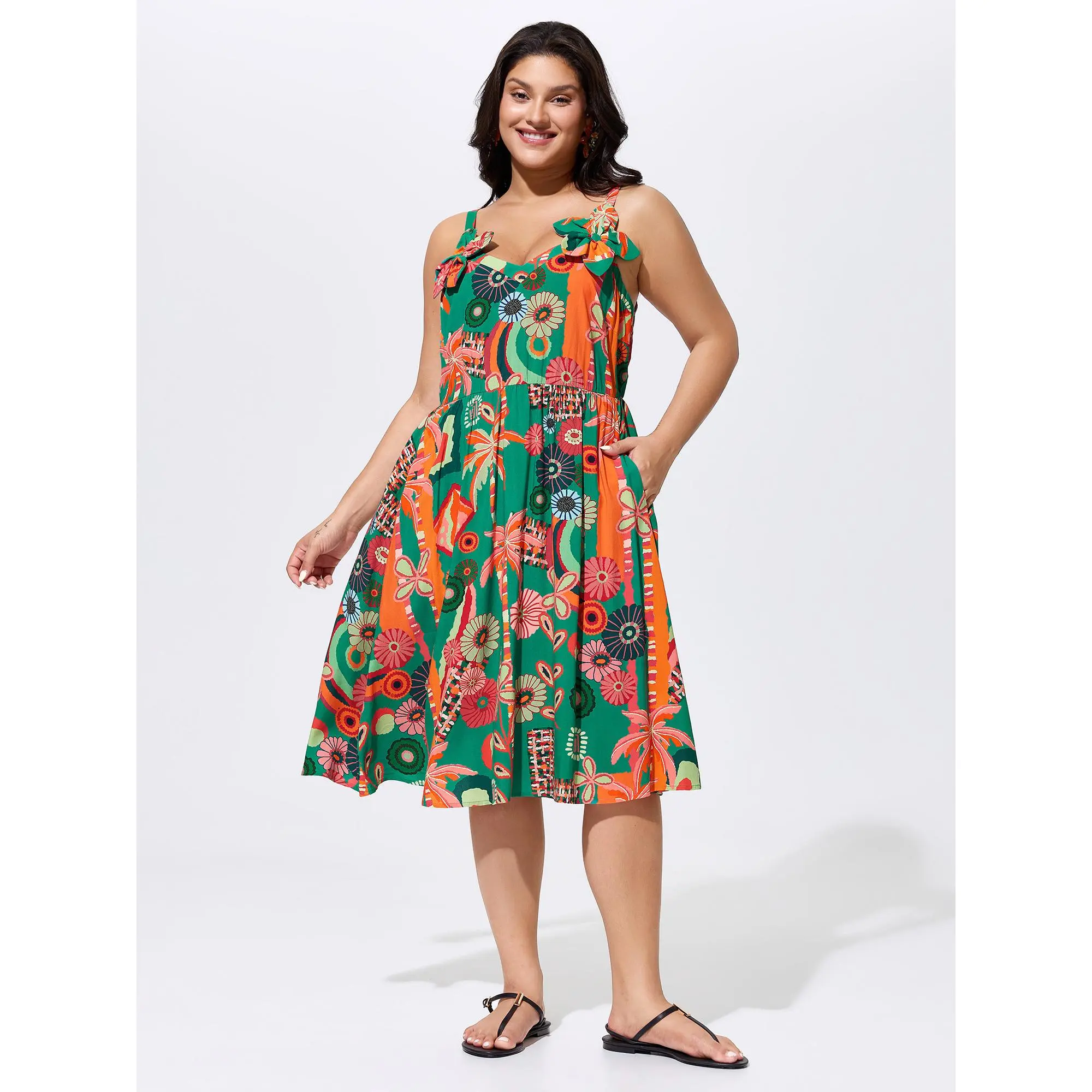 BloomChic Plus Size Boho Tropical Print Midi Dress, Casual Summer Smocked Strap Dress with Side Pockets in a Smooth Fabric, Garment, Fit, Sleeve, Rayon, Bohemian, Boho Style Fitted, Casual Beachwear, Tropical Dress