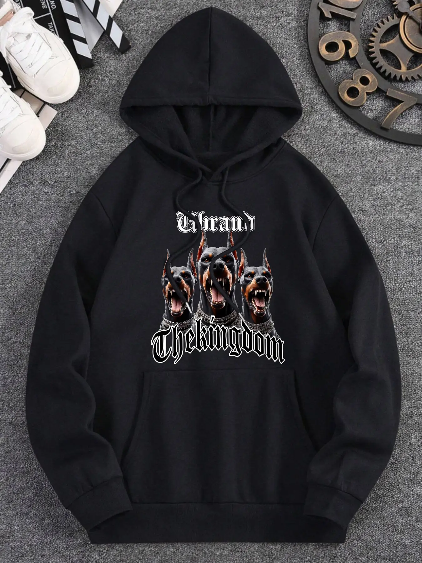 Men's Baggy Loose Pullover Hoodie Sweatshirt - Oversized Menswear Top with Bold Canine Power Design, Snarling Dobermans, Enigmatic 1687 Sequence, "Thekingdom" Motif for Stylish Conversation-Starting Look
