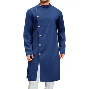 PASLTER Mens Kaftan Thobe Button Down Long Sleeve Robe Casual Henley Shirt Cotton Muslim Gown Kurta Tops